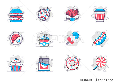 Fast food concept flat line icons set. Tasty unhealthy foods and sweets. Bundle of hamburger, pizza, fries, croissant, noodles, ice cream, other. Vector conceptual pack outline symbols for mobile app Fast food concept flat line icons set. Tasty unhealthy foods and sweets. Bundle of hamburger, pizza, fries, croissant, noodles, ice cream, other. Vector conceptual pack outline symbols for mobile app 136774772