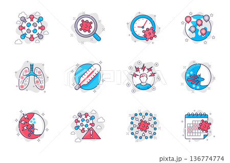 Coronavirus concept flat line icons set. Viral infection and symptoms of disease. Bundle of pandemic, lungs, temperature, headache, cough, other. Vector conceptual pack outline symbols for mobile app Coronavirus concept flat line icons set. Viral infection and symptoms of disease. Bundle of pandemic, lungs, temperature, headache, cough, other. Vector conceptual pack outline symbols for mobile app 136774774