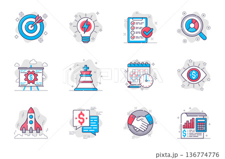 Business planning concept flat line icons set. Successful strategy and startup development. Bundle of target, idea, task, search, calendar, other. Vector conceptual pack outline symbols for mobile app Business planning concept flat line icons set. Successful strategy and startup development. Bundle of target, idea, task, search, calendar, other. Vector conceptual pack outline symbols for mobile app 136774776