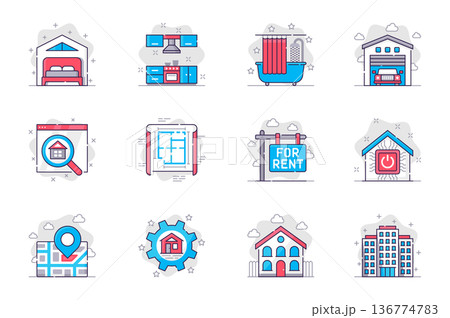 Real estate concept flat line icons set. Buying or renting house or apartment. Bundle of bedroom, kitchen, bathroom, garage, blueprint, other. Vector conceptual pack outline symbols for mobile app Real estate concept flat line icons set. Buying or renting house or apartment. Bundle of bedroom, kitchen, bathroom, garage, blueprint, other. Vector conceptual pack outline symbols for mobile app 136774783