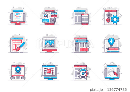 Design and development concept flat line icons set. Website creation and optimization. Bundle of code, layout, settings, structure, api, other. Vector conceptual pack outline symbols for mobile app 136774786