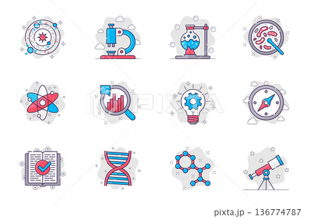 Science concept flat line icons set. Scientific research and lab equipment. Bundle of astronomy, microscope, test, flask, atom, molecule, other. Vector conceptual pack outline symbols for mobile app 136774787