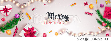 Merry Christmas 2022 banner. Holiday white background with pine, gifts, glowing garlands, balls, ribbons. Xmas celebration poster. Vector illustration with realistic elements for header website 136774811