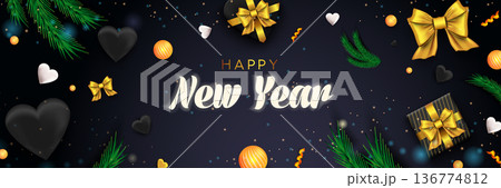 Happy New Year 2022 banner. Holiday Christmas dark background with pine, gifts, hearts, balls and ribbons. Xmas celebration poster. Vector illustration with realistic elements for header website 136774812