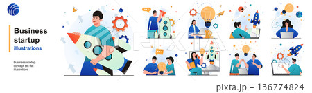 Business startup isolated set. Successful development of new business idea. People collection of scenes in flat design. Vector illustration for blogging, website, mobile app, promotional materials. 136774824