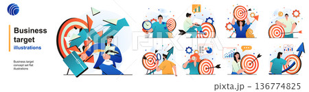 Business target isolated set. Goals achievement, success strategy in career. People collection of scenes in flat design. Vector illustration for blogging, website, mobile app, promotional materials. 136774825
