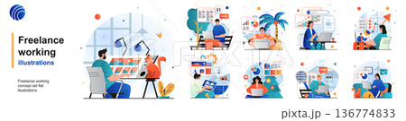 Freelance working isolated set. Remote employees with laptops in home offices. People collection of scenes in flat design. Vector illustration for blogging, website, mobile app, promotional materials. 136774833