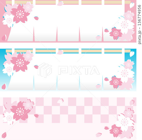 桜と暖簾（のれん）の和風バナー背景イラスト素材。お花見、春のキャンペーン、和柄、フレーム、壁紙素材 136774956