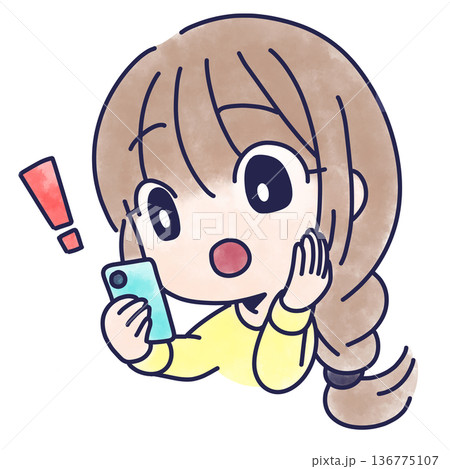 スマホを見て驚く女性のイラスト スマホを見て驚く女性のイラスト 136775107