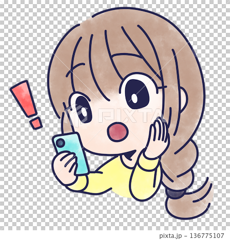 スマホを見て驚く女性のイラスト スマホを見て驚く女性のイラスト 136775107