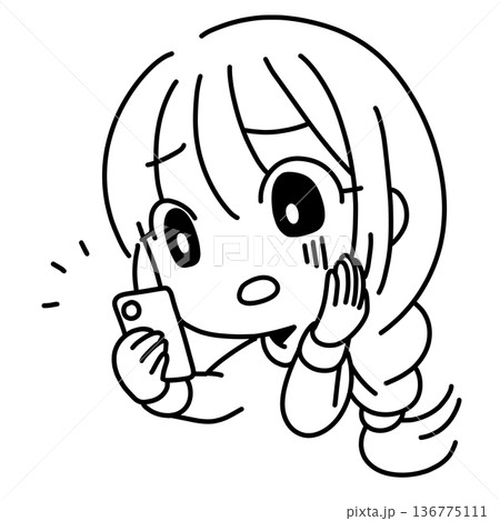 スマホを見て不安になる女性の線画イラスト 136775111