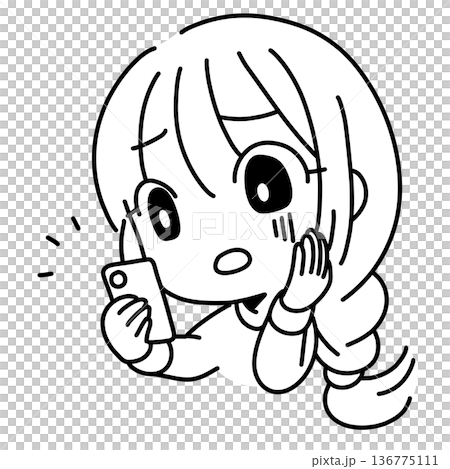 スマホを見て不安になる女性の線画イラスト 136775111