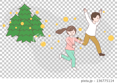 飛んでくる花粉から逃げる人々｜日本の国民病花粉症のイメージイラスト 136775114