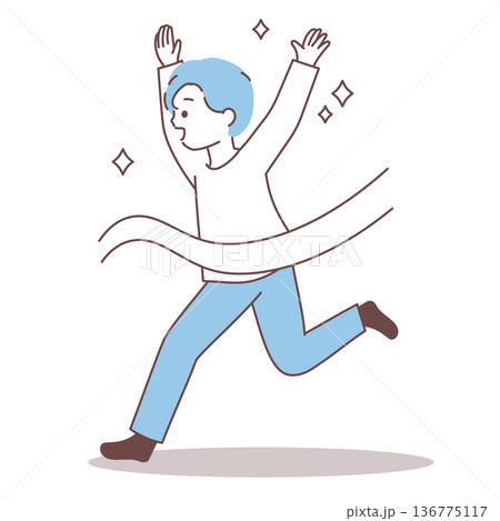 バンザイをしながらゴールテープを切る男性｜シンプルでミニマルなイラスト 136775117