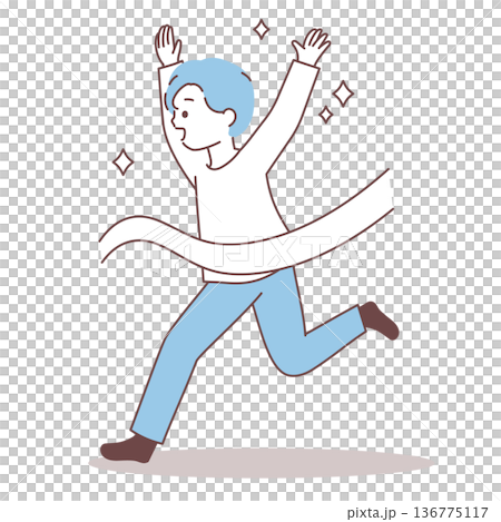 バンザイをしながらゴールテープを切る男性｜シンプルでミニマルなイラスト 136775117