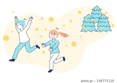 花粉から逃げる人々｜花粉症の辛さをイメージした優しいカラーのイラスト 136775128