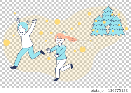 花粉から逃げる人々｜花粉症の辛さをイメージした優しいカラーのイラスト 136775128