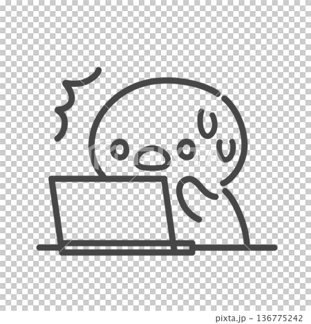 A hand-drawn line drawing of a chick looking surprised and panicked at a laptop computer. A hand-drawn line drawing of a chick looking surprised and panicked at a laptop computer. 136775242