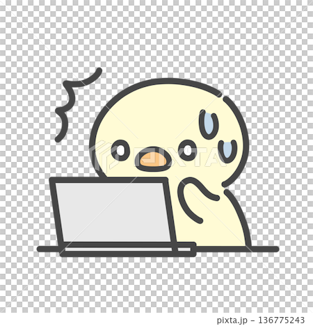 ノートパソコンを見て驚き焦るひよこの手書きイラスト　トラブルやミスに慌てる表情 136775243