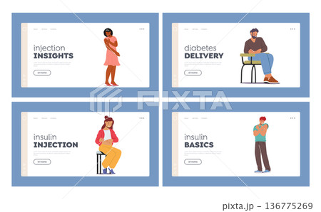 Diabetes Landing Page Template Set. Characters Administering Insulin Injections. People Deliver Insulin Into Bloodstream 136775269