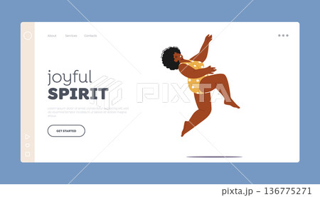 Joyful Spirit Landing Page Template. Energetic And Plump Woman Joyfully Jumps In A Swimsuit, Embracing Her Body Joyful Spirit Landing Page Template. Energetic And Plump Woman Joyfully Jumps In A Swimsuit, Embracing Her Body 136775271