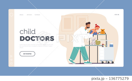 Child Doctors Landing Page Template. Pediatrician Character Administers Vaccines To Baby For Protection Against Diseases Child Doctors Landing Page Template. Pediatrician Character Administers Vaccines To Baby For Protection Against Diseases 136775279