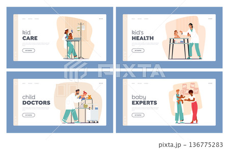 Pediatricians Landing Page Template Set. Doctor Characters Perform Baby's Checkup, Measure Weight And Height 136775283