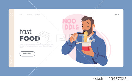 Fast Food Landing Page Template. Man Eating Noodles From Take-out Box with Chopsticks In Hand, Enjoying Asian Cuisine 136775284