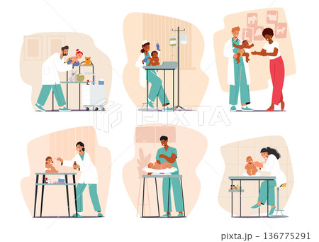 Set of Pediatrician Characters Hold Baby, Perform Checkup, Measure Weight And Height, Listen To Heartbeat And Breathing Set of Pediatrician Characters Hold Baby, Perform Checkup, Measure Weight And Height, Listen To Heartbeat And Breathing 136775291