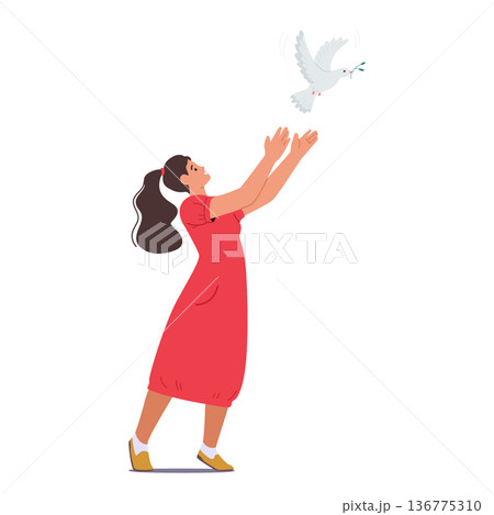 Female Character with Pigeon. Woman Gracefully Releases A White Dove, Symbolizing Hope And Peace, Vector Illustration 136775310