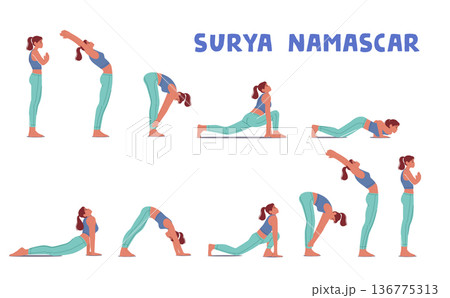 Female Character Doing Surya Namaskar Yoga, Including Forward Folds, Lunges, And Downward Dog Poses, Vector Illustration Female Character Doing Surya Namaskar Yoga, Including Forward Folds, Lunges, And Downward Dog Poses, Vector Illustration 136775313