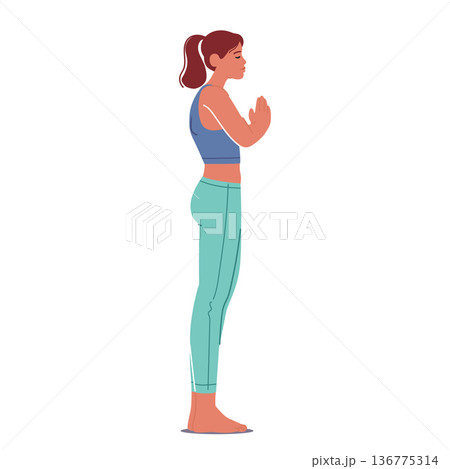 Woman Doing Sthiti-pranamasana Asana, Female Character Stands Tall, With Palms Pressed Together At The Heart Center Woman Doing Sthiti-pranamasana Asana, Female Character Stands Tall, With Palms Pressed Together At The Heart Center 136775314