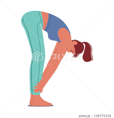 Woman Character Performing Padhasthasana Yoga Pose Where She Bends Forward From The Waist, Reaching Her Hands Woman Character Performing Padhasthasana Yoga Pose Where She Bends Forward From The Waist, Reaching Her Hands 136775316