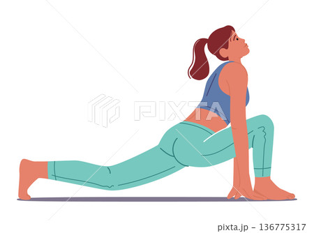 Woman Performing Ashwasanchalasana, Also Known As Equestrian Pose In Yoga, Involves Kneeling With One Leg Forward Woman Performing Ashwasanchalasana, Also Known As Equestrian Pose In Yoga, Involves Kneeling With One Leg Forward 136775317