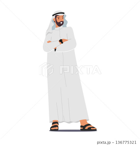 Confident Arab Muslim Businessman Character Stands Tall, Exuding Self-assuredness, Dressed In Traditional Attire 136775321