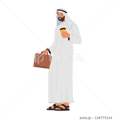 Dapper Arab Muslim Businessman Character Confidently Holds Coffee Cup, Sporting A Stylish Briefcase, Vector Illustration Dapper Arab Muslim Businessman Character Confidently Holds Coffee Cup, Sporting A Stylish Briefcase, Vector Illustration 136775324