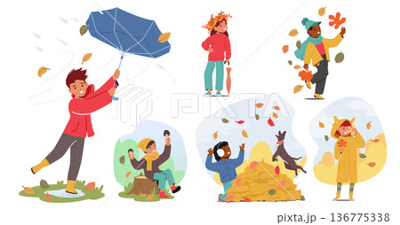 Children Boys and Girls Characters Revel In Autumn Delight, Collecting Colorful Leaves, Jumping Into Crunchy Piles Children Boys and Girls Characters Revel In Autumn Delight, Collecting Colorful Leaves, Jumping Into Crunchy Piles 136775338