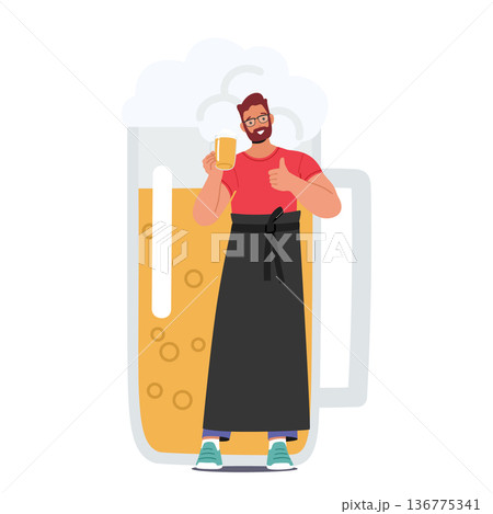 Skillful Bartender Male Character Proudly Displays Craft Beer Cup With A Thumbs Up, Standing Next To The Huge Tankard 136775341