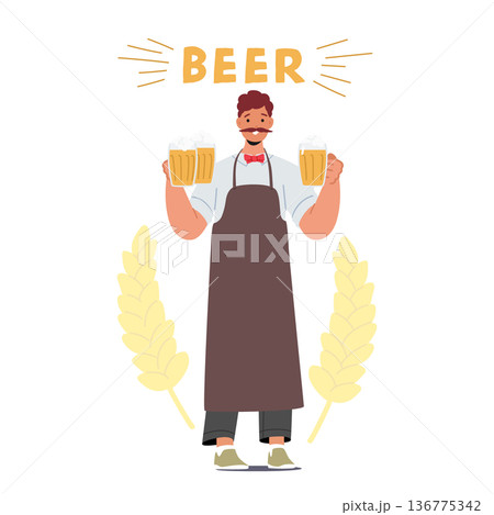 Bartender Character Serving Craft Beer In Glass Cups, Carefully Pouring And Presenting Each Brew With Expertise 136775342