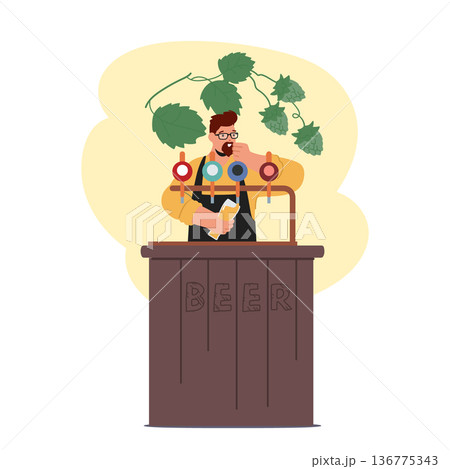 Skillful Bartender Male Character Pour Craft Beer Using Tap System, Ensuring A Smooth And Consistent Pour 136775343