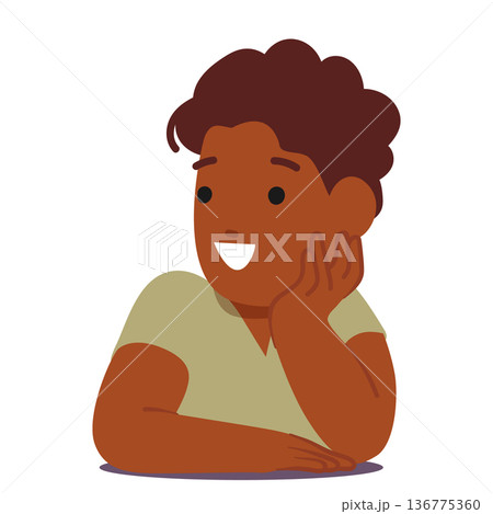 Young African American Boy Character Lies On His Stomach, Propping Cheek, Lost In Dreams, Vector Illustration 136775360