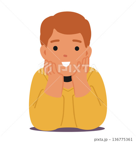 Young Boy Character Lies On His Stomach, Lost In Dreams. His Innocent Face Reveals A World Of Imagination Young Boy Character Lies On His Stomach, Lost In Dreams. His Innocent Face Reveals A World Of Imagination 136775361