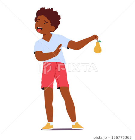 Stubborn Child Rejects Eating Pear, Scrunching Up Face In Disgust. Little Black Boy Dont Want To Eat Healthy Food 136775363