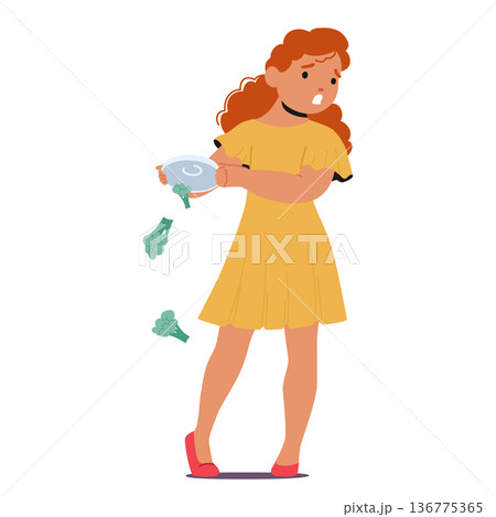Stubborn Child Rejects Broccoli, Wrinkling Nose And Pushing Plate Away. Little Girl Character Throw Out Fresh Vegetables 136775365
