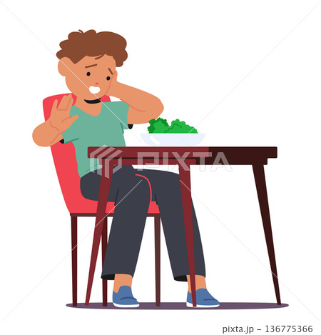 Child Stubbornly Rejects Eating Broccoli, Wrinkling Nose, Expresses Strong Dislike, Pushes Plate Away Defiantly Child Stubbornly Rejects Eating Broccoli, Wrinkling Nose, Expresses Strong Dislike, Pushes Plate Away Defiantly 136775366