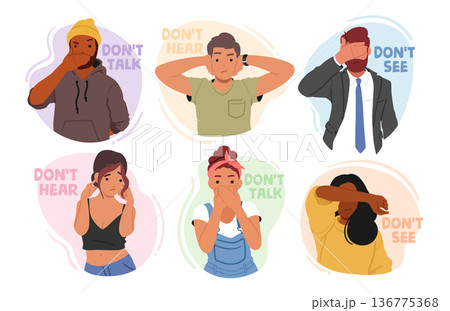 Young Men and Women Characters Closing Eyes, Ears and Mouth Like Three Wise Monkeys from the Saying, Vector Illustration 136775368