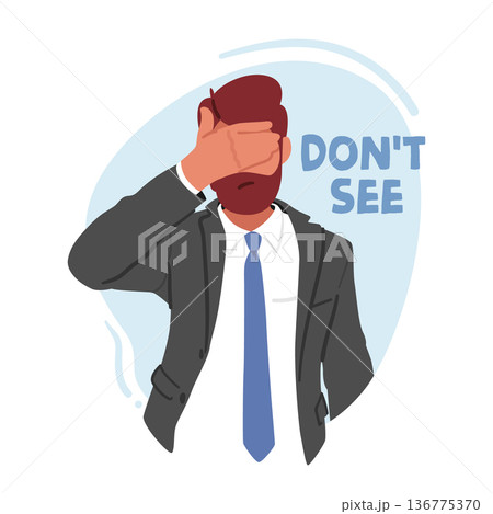 Mature Man Covering his Eyes Like Wise Monkey Do Not See Evil. Human Emotional Balance and Body Language Concept 136775370