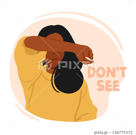 Young Woman Covering her Eyes Like Wise Monkey Do Not See Evil. Human Emotional Balance and Body Language Young Woman Covering her Eyes Like Wise Monkey Do Not See Evil. Human Emotional Balance and Body Language 136775372