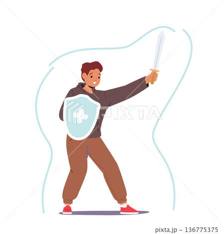 Young Child Character With Powerful Immunity Shield And Sword Fight Against Germs And Illness. Strong Immune System 136775375