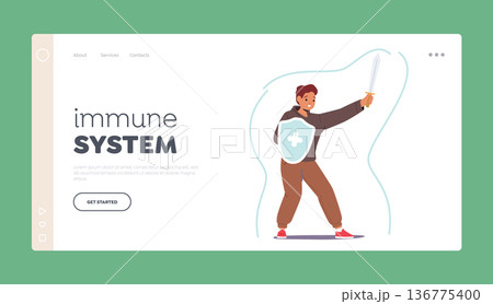 Immune System Landing Page Template. Young Child Character With Powerful Immunity Shield and Sword Fight Against Germs Immune System Landing Page Template. Young Child Character With Powerful Immunity Shield and Sword Fight Against Germs 136775400